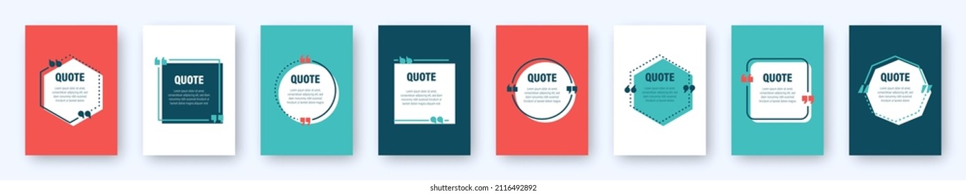 Set of colorful banners with quote frames. Speech bubbles with quotation marks. Blank text box and quotes. Blog post template. Vector illustration.