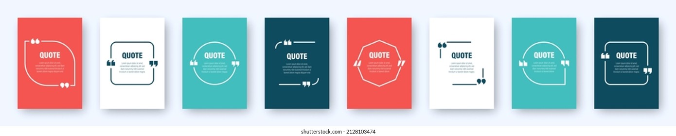 Set of colorful banners with quote frames. Speech bubbles with quotation marks. Blank text box and quotes. Blog post template. Vector illustration.