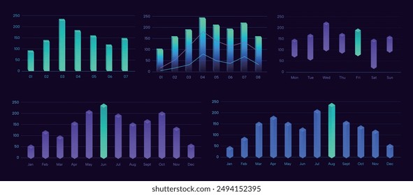 conjunto de gráfico de barras colorido, histograma visual 3d de degradado de neón.