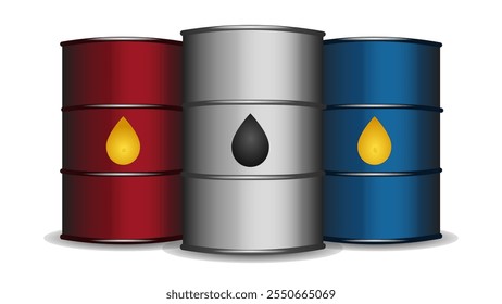 A set of colorful barrels for petroleum products behind the oil drop icon