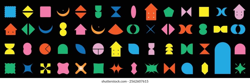 Set of colorful basic shapes. Brutalist abstract geometric shapes and grids. Brutal contemporary figure star oval spiral flower and other primitive elements. Vector basic shape. Geometric formal shape