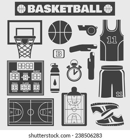 Set of colorful basketball icons in flat style. Vector illustration with various sport symbols on light background
