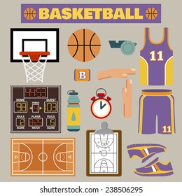 Set of colorful basketball icons in flat style. Vector illustration with various sport symbols 