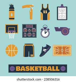 Set of colorful basketball icons in flat style. Vector illustration with various sport symbols 