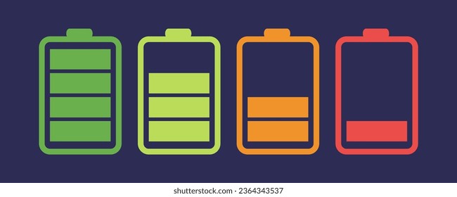 A set of colorful battery charge level indicators in vector format, designed against a dark background.