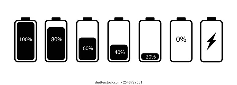 Fije la batería colorida con diverso nivel de Recargo. Indicador de la batería del coche, señales del Recargo de la batería. Señal de energía de carga inalámbrica. Diseño gráfico de Vector.