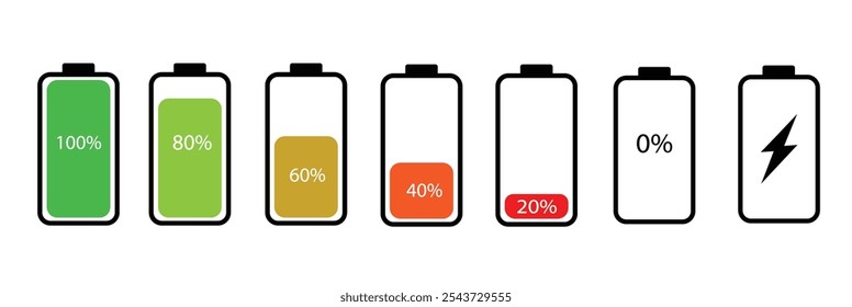 Fije la batería colorida con diverso nivel de Recargo. Indicador de la batería del coche, señales del Recargo de la batería. Señal de energía de carga inalámbrica. Diseño gráfico de Vector.