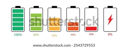 Set colorful battery with different level of charge. Car battery indicator, battery charge signs. Wireless charging energy sign. Vector graphic design.