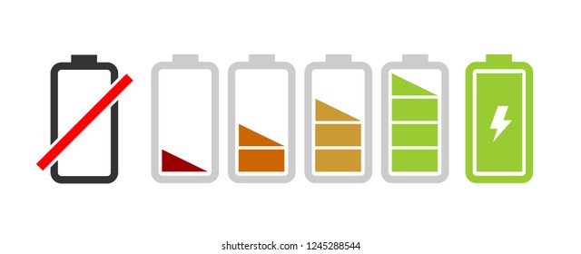 Set of colorful battery vector icons with charge capacity from full to empty