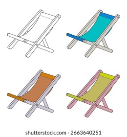 Conjunto de sillas de playa de colores Ilustración vectorial. Una Ilustración vectorial vibrante con cuatro tumbonas plegables en diferentes combinaciones de colores.