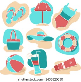 Set of colorful beach icons swimsuit, sea, hat, sunscreen, tan, cocktail, drink, glass, beach umbrella, slates, flip flops, beach bag sun ball lifeline sun sand Flat style vector icon set