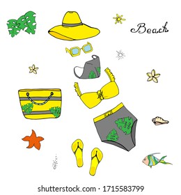 Set of Colorful beach suit: swimsuit, hat, sunglasses, face shield, beach slippers, starfish, starfish. Vector illustration. Beach season 2020. Summer	
