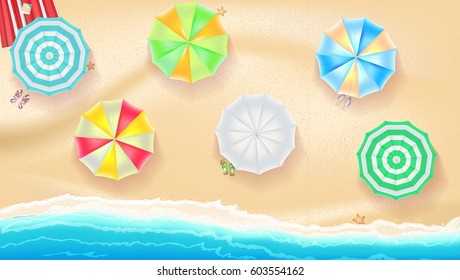 Set of colorful beach sun umbrellas flip-flops and beach Mat on the background of sand near sea surf with beach flip flops and starfish, top view icons. Vector illustration for your poster or covers