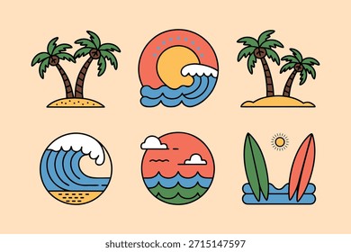 Conjunto de playa colorida y diseño de Vector de surf