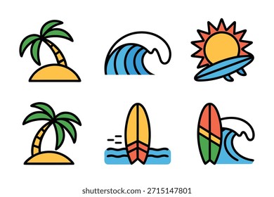 Conjunto de Praia Colorida e Surf Vetor Design