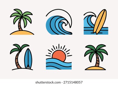 Conjunto de Praia Colorida e Surf Vetor Design