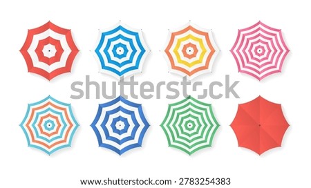 Set of colorful beach umbrella with striped patterns and shadows, top view. Ideal for summer vacation design, travel graphics and resort themes
