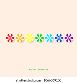Set of colorful beach umbrellas. Hello summer background.