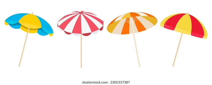 Set of colorful beach umbrellas isolated on white background. Summer icons, vector