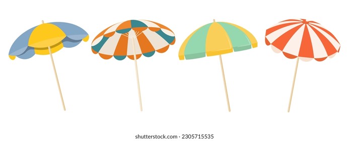 Set of colorful beach umbrellas isolated on white background. Summer icons, vector