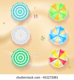Set of colorful beach umbrellas on the background of sand with beach flip flops and starfish, top view icons. Vector illustration for your design, poster, covers, invitation, or flyer.