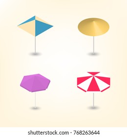 Set of colorful beach umbrellas of various shapes, isolated on a white background. Leisure icon. Flat 3d isometric style, vector illustration.