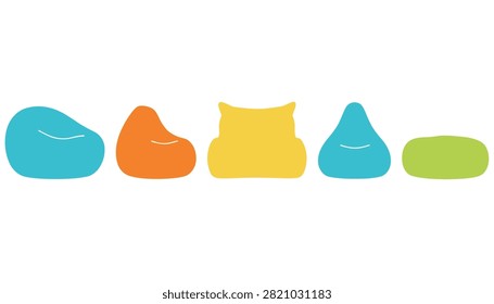 Set of colorful bean bag chairs of different shapes and colors arranged in a row on a white background.