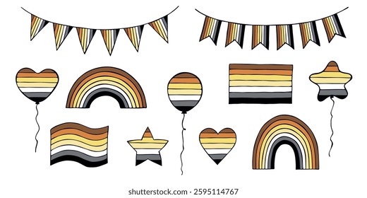 Set of colorful Bear brotherhood pride flag Happy pride day LGBTQIA community Pride Month Vector hand drawn doodle for posters, stickers, logo, cards