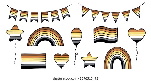 Set of colorful Bear brotherhood pride flag Happy pride day LGBTQIA community Pride Month Vector hand drawn doodle for posters, stickers, logo, cards