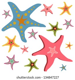Set of colorful beautiful cartoon style star fishes