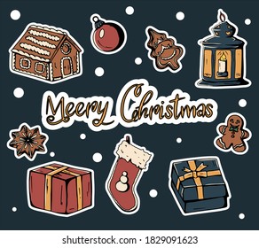 Set of colorful beautiful Christmas icons. Sweet decorated New Year substrates - gingerbread man, snowflake, tree, ball, sock, other symbols of the holiday.