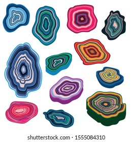 Set of colorful beautiful minimalistic cartoon agates, stones, gemstones on white background, vector illustration