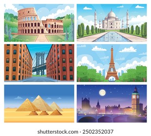 Set of colorful beautiful postcards with landmarks. Famous buildings: eiffel tower, coliseum, taj mahal, Egyptian Pyramids, brooklyn bridge, Big Ben. Hand drawn cartoon vector Illustration. 