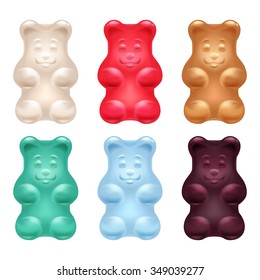 Set of colorful beautiful realistic jelly gummy bears. Sweet candy food. Strawberry vanilla caramel cola menthol flavors. Vector illustration.