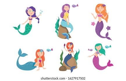 Set of colorful beautiful sea mermaid in different positions. Vector illustration in flat cartoon style.