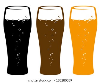 set of colorful beer glasses with bubbles on white background