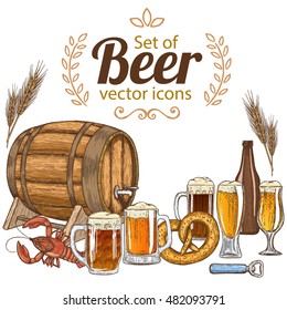 Set with colorful beer icons. Sketch style colorful illustration of beer theme for vintage decorations of pub or bar menu. Vector.