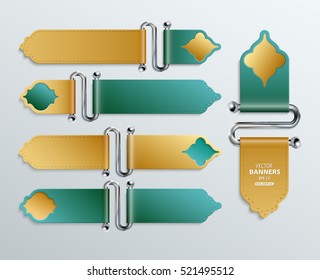 Set of colorful belt shape sticker banners hanged by steel clips with arabesque elements