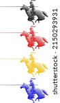Set of colorful benday dot imprint of armored medieval knight on horseback with jousting lance, isolated against white. Vector illustration.