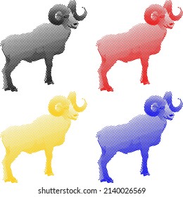 Set of colorful benday dot imprint of mountain sheep with big curved horn isolated against white. Vector illustration.