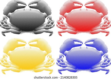 Set of colorful benday dot imprint of crab with huge pincer isolated against white. Vector illustration.