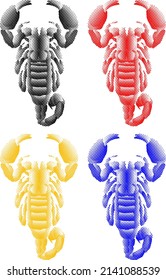 Set of colorful benday dot imprint of scorpion with huge pincer, isolated against white. Vector illustration.
