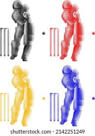 Set of colorful benday dot imprint of cricket batsman defending his wicket, isolated against white. Vector illustration.