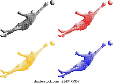 Set Of Colorful Benday Dot Imprint Of Soccer Goalie Dive To Catch A Ball, Isolated Against White. Vector Illustration.