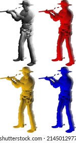 Set of colorful benday dot imprint of cowboy gunman with his shotgun, isolated against white. Vector illustration.