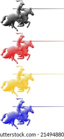 Set of colorful benday dot imprint of warrior knight on horseback with jousting lance, isolated against white. Vector illustration.