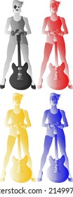 Set of colorful benday dot imprint of female guitarist with a guitar, isolated against white. Vector illustration.