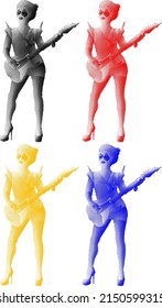 Set of colorful benday dot imprint of female rock musician playing an electric guitar, isolated against white. Vector illustration.