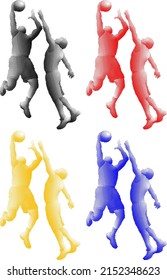 Set of colorful benday dot imprint of two basketball player challenge for the ball, isolated against white. Vector illustration.