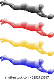 Set of colorful benday dot imprint of rugby player dive to score a try goal, isolated against white. Vector illustration.